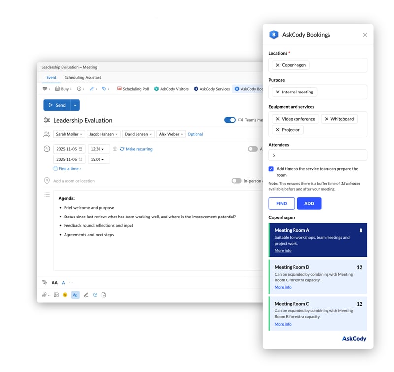 The AskCody Bookings add-in open in an Outlook meeting, filtering rooms by location, purpose, equipment and attendees
