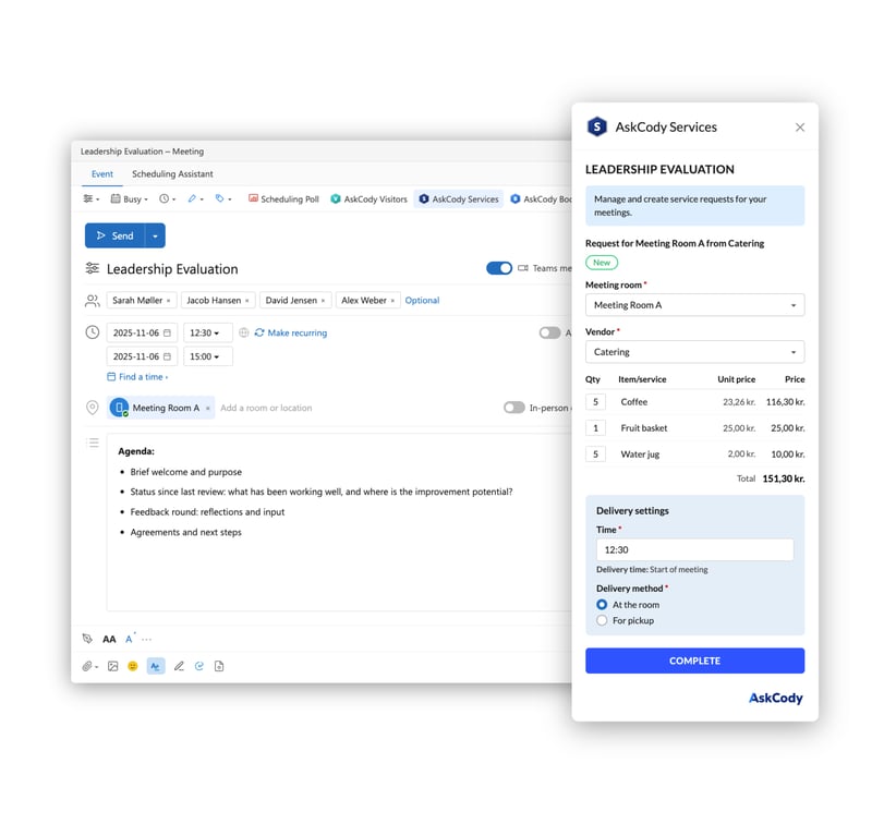 The AskCody Services add-in open in an Outlook meeting, with a catering request for the meeting room and delivery settings