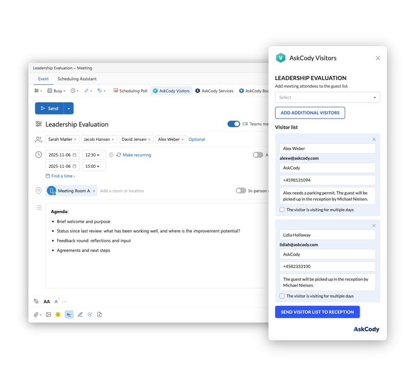 The AskCody Visitors add-in open beside an Outlook meeting, with external attendees selected and a note for reception