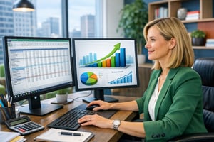 A CFO sitting at her desk in a modern vibrant office running spreadsheets at a computer with graphs and charts illustrating growth-1