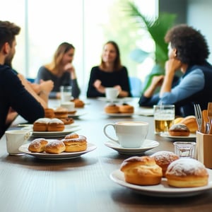 Create an image for the hero to this blogpost of a meeting room in a professional setting with people having a meeting with coffee and pastries being served-1