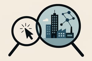 Create an image of two overlapping circles or magnifying glasses One zoomed in on a tiny detail like a mouse click or button The other zoomed out on a city network or business process Visually communicates micro vs macro thinking-1