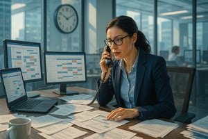 In a bustling corporate office an Executive Assistant sits at a sleek modern desk surrounded by multiple screens displaying calendars and schedules Th