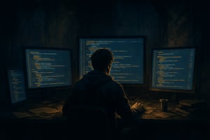 In a dimly lit room a lone programmer sits at a cluttered desk surrounded by glowing screens filled with code Shadows dance across the walls hinting a