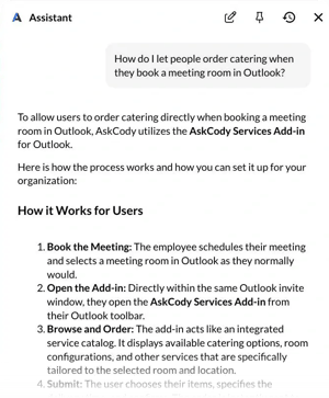 AskCody Assistant in the Management Portal answering how to let people order catering when they book a meeting room in Outlook, with step-by-step instructions for the AskCody Services add-in