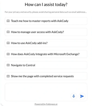 AskCody Assistant start screen asking How can I assist today, with suggested questions such as how to use AskCody add-ins and how AskCody integrates with Microsoft Exchange, a privacy note, and Powered by Foldspace.ai