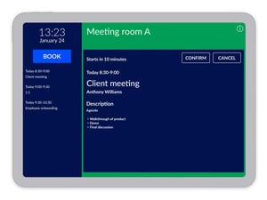 iPad meeting room display shows availability before a meeting.