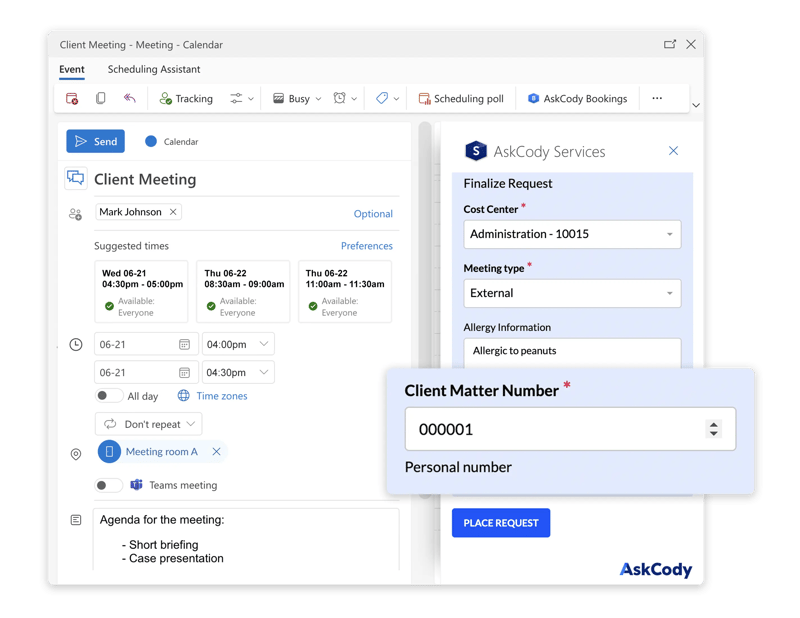 The AskCody Services add-in in an Outlook meeting, with a cost center selected and a mandatory client matter number field