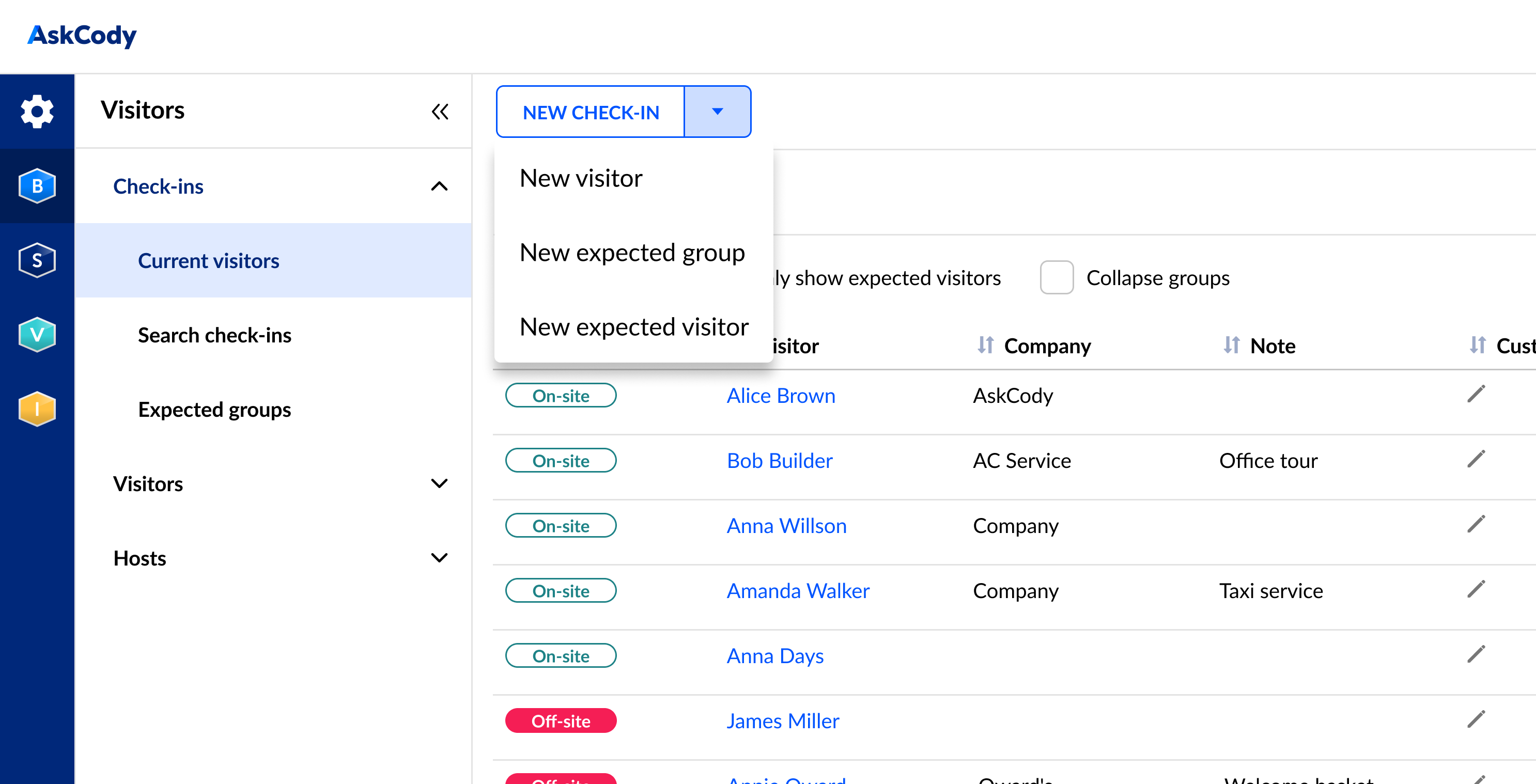 Visitors - Drop down new visitor button - zoomed in