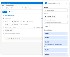 An Outlook event called Desk reservation with the AskCody Bookings add-in open beside it. The location Boston (desks) and the purpose 2nd floor (focus) are selected, and the add-in lists Desk 1 to Desk 5, with Desk 3 already booked from 09:00 to 16:00.