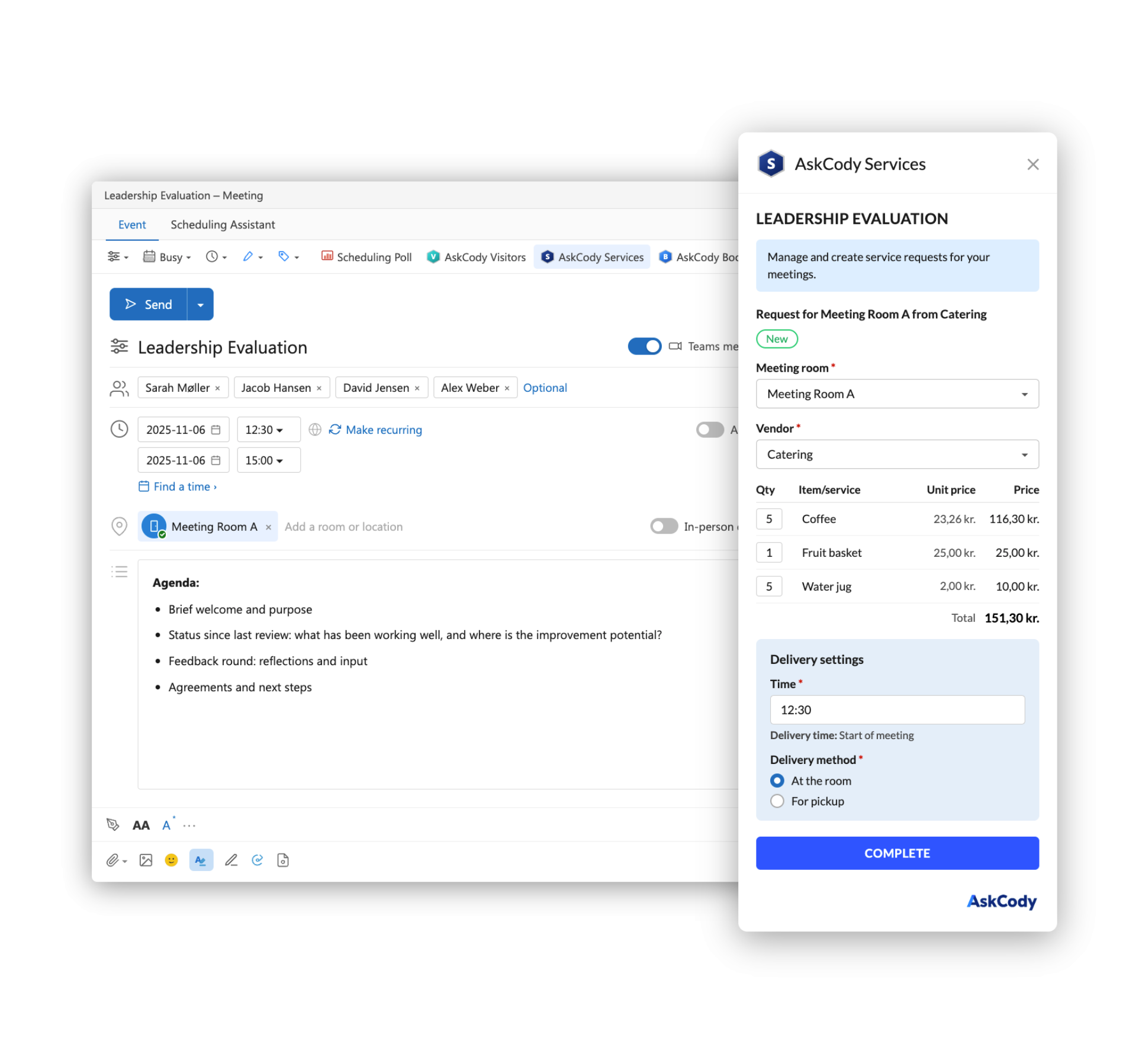 The AskCody Services add-in open beside an Outlook meeting called Leadership Evaluation, with a catering request for Meeting Room A: 5 coffee, 1 fruit basket and 5 water jugs, delivered to the room at 12:30.