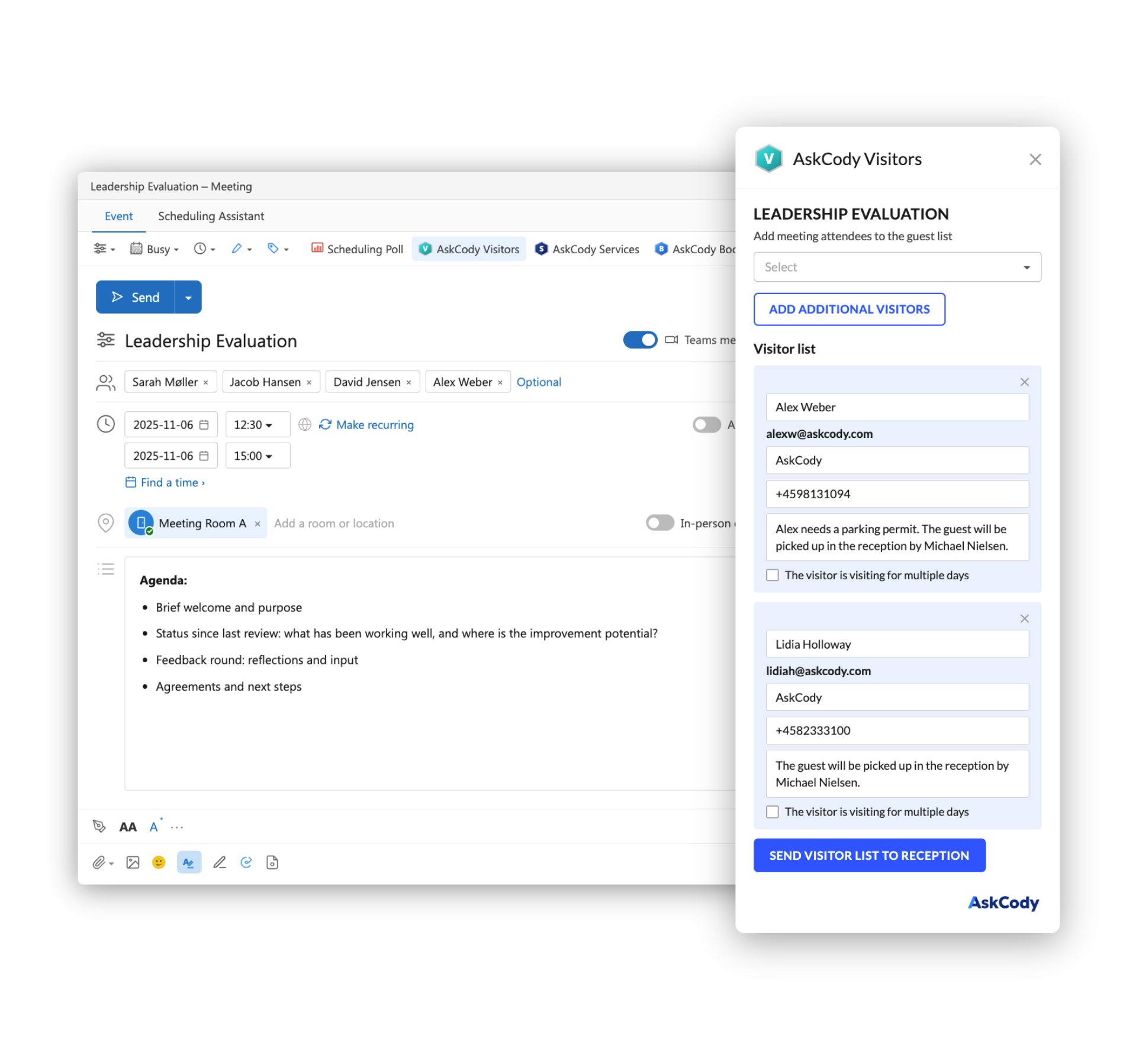 The AskCody Visitors add-in open beside an Outlook meeting called Leadership Evaluation, with two guests on the visitor list, a note that one guest needs a parking permit, and a button to send the visitor list to reception.