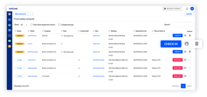 The AskCody portal for reception: today's expected and on-site guests with company, host, meeting, room and arrival time, and one-click check-in and check-out