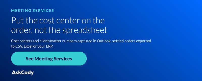 Put the cost center on the order. See AskCody Meeting Services