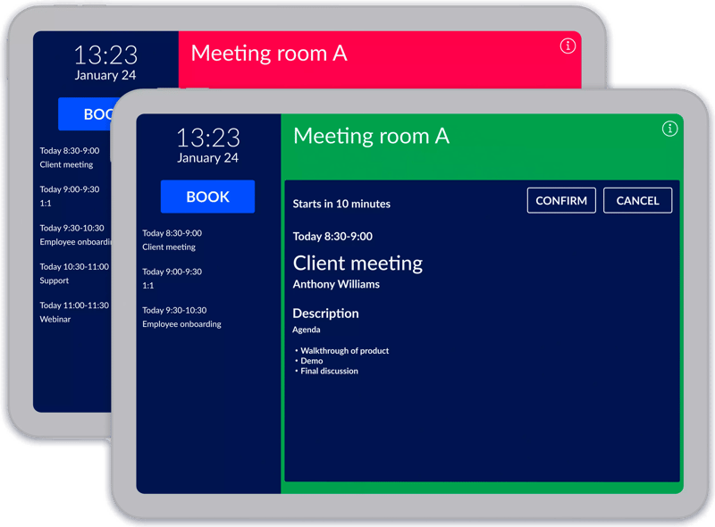 Two AskCody meeting room displays on iPads: one room shown as busy in red, one showing the current meeting in green with confirm and cancel buttons