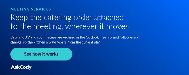 Keep the catering order attached to the meeting, wherever it moves. See how AskCody Meeting Services works