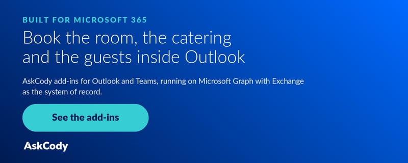 Book the room, the catering and the guests inside Outlook. See the AskCody add-ins