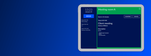 An AskCody meeting room display on an iPad showing a client meeting that starts in 10 minutes, with Confirm and Cancel buttons for check-in
