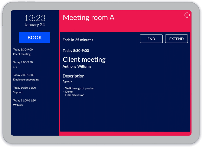 An AskCody meeting room display on an iPad showing Meeting room A as occupied, with the client meeting details and buttons to end or extend the meeting