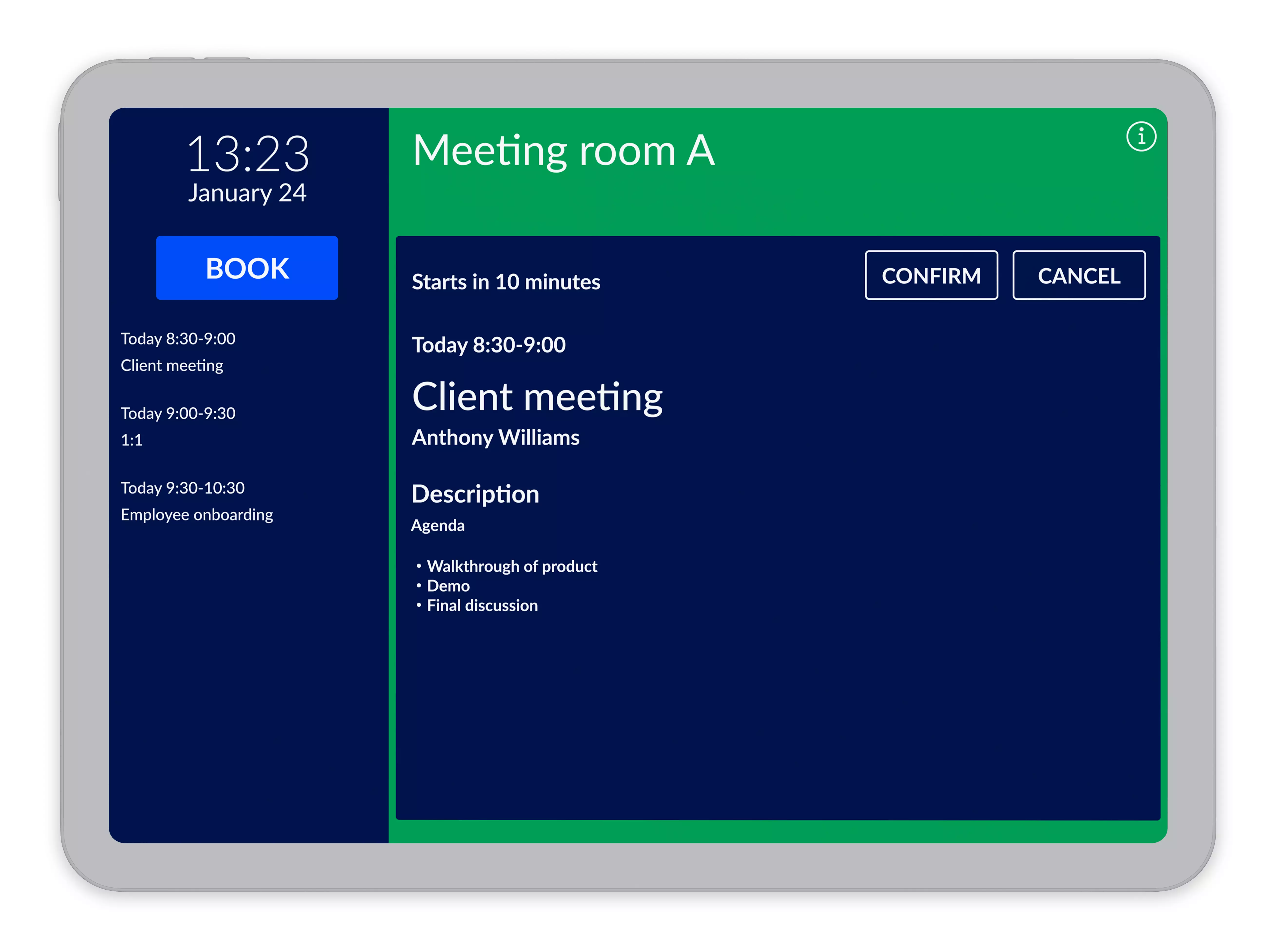 AskCody Meeting Room Displays showing daily activities